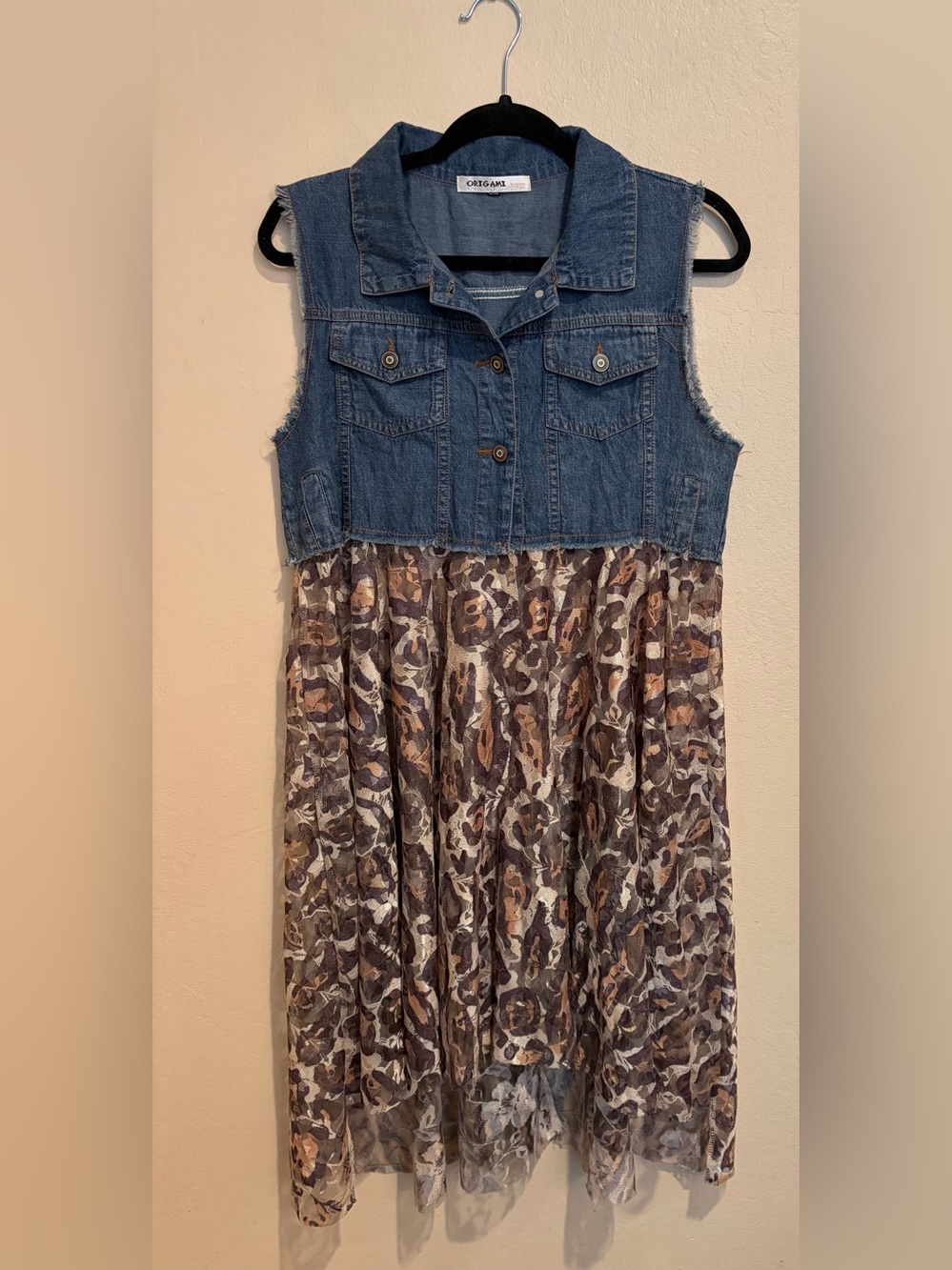 Origami by Vivien Denim Vest w/ Sheer Lace Leopard Print High-Low Bottom, S/M